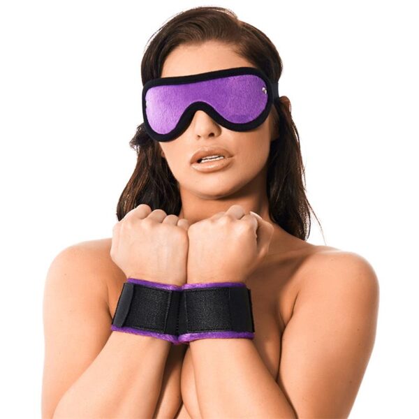 Rimba Bondage Play Handcuffs with Mask Adjustable Purple - Image 3