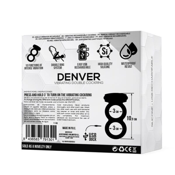 Denver Double Cockring with Vibrating Bullet USB Silicone Black - Image 3