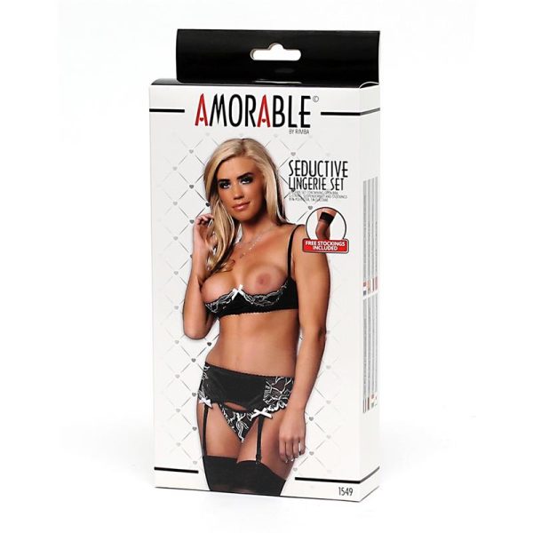 4 Pieces Set Open Bra, Thong, Garter and Stockings - Image 4