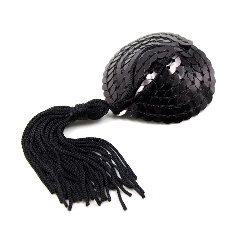 Self-Adhesive Heart Sequin Nipple Cover with Tassel Black - Image 2
