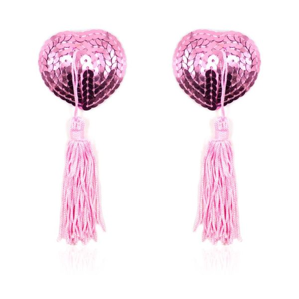 Self-Adhesive Heart Sequin Nipple Cover with Tassel Pink