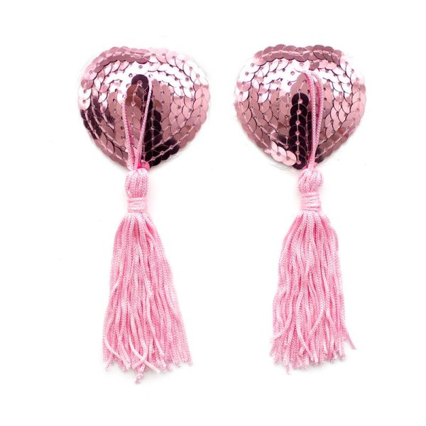 Self-Adhesive Heart Sequin Nipple Cover with Tassel Pink - Image 2