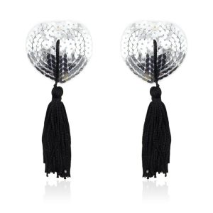 Self-Adhesive Heart Sequin Nipple Cover with Tassel Silver/Black