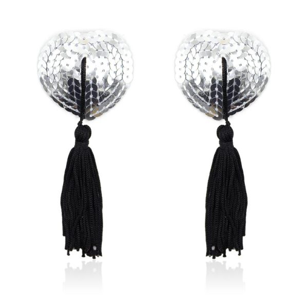 Self-Adhesive Heart Sequin Nipple Cover with Tassel Silver/Black